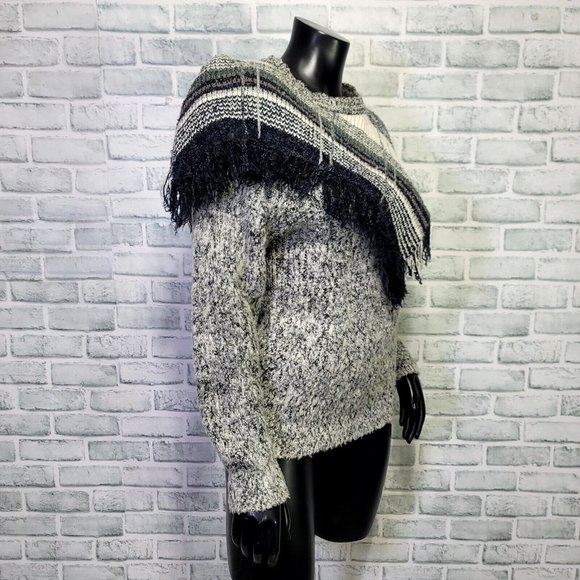 Vintage 80s Mariea Kim Size M Knit Fall Sweater V Fringe Trim Boho Southwestern - Picture 3 of 5